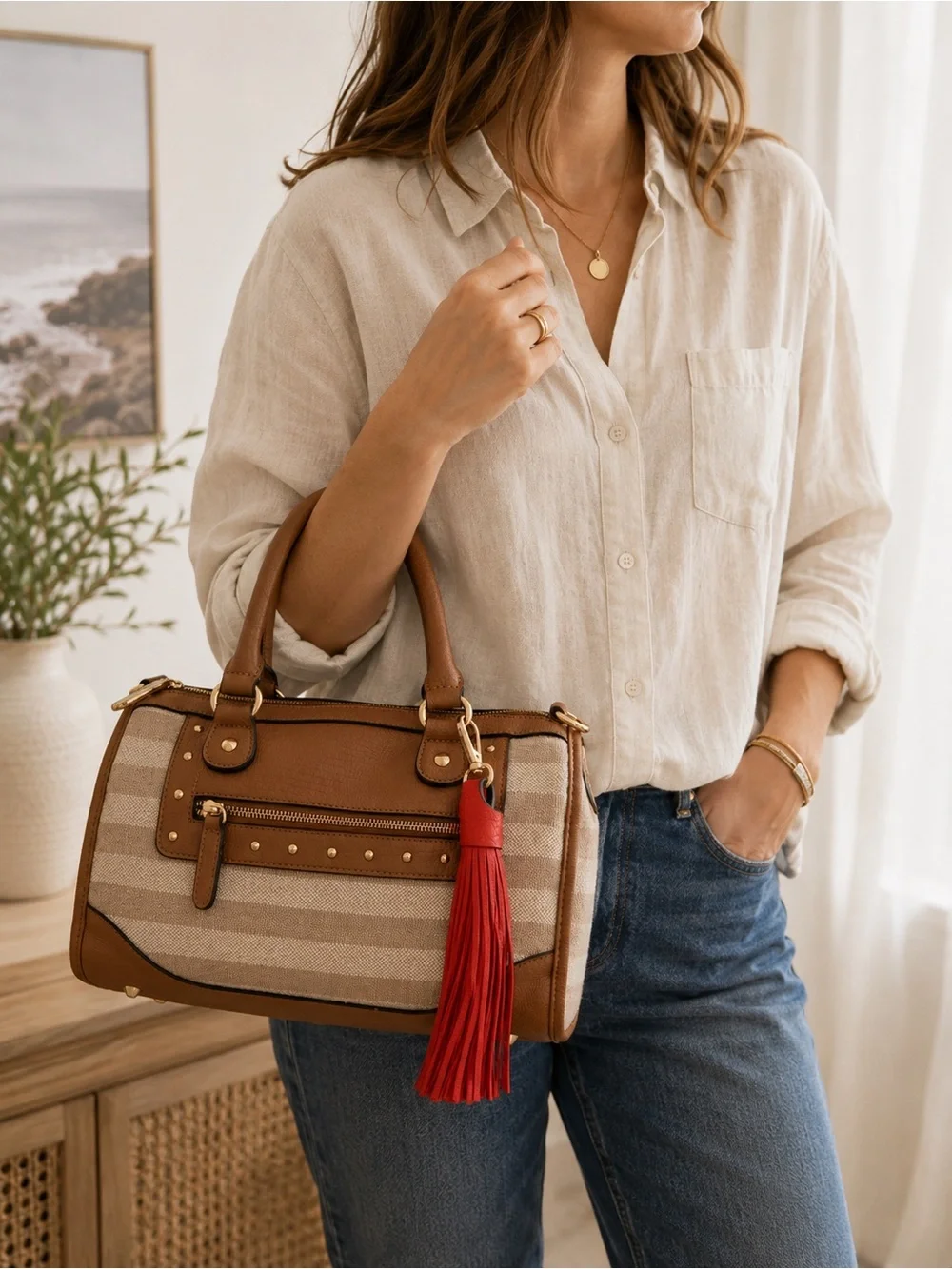 ALDO NWT Striped Satchel Crossbody Handbag Beige Camel Red Tassel